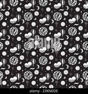 Nahtlose Neo-Folk-Muster mit Mond, Wolke, Sonne und Sternen, himmlischem Schwarz-weiß-Design. Setzen Sie Neo Folk Stil endlose Hintergründe perfekt für Stock Vektor