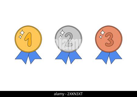 Doodle Preise Set aus Gold, Silber und Bronze. Medaillen mit Band-Vektor-Illustration. Siegerpreise erster, zweiter und dritter Platz. Umrisse Hand dra Stock Vektor