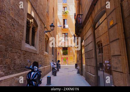 Barcelona, Spanien - 16. Juli 2024: Malerische Gasse in Barcelona, die eine Mischung aus rustikaler Architektur und lebendiger Straßenkunst präsentiert und explora einlädt Stockfoto