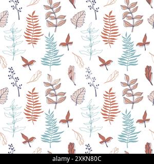Nahtloses Muster mit Vektorkonturverzweigung und Leaves. Elegante Silhouette und Kontur in trendigen Pastelltönen. Handgezeichneter botanischer Druck für die Hochzeit Stock Vektor