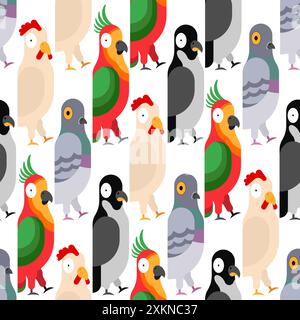 Nahtloses Vogelmuster. Lustiger Hahn- und Pinguinhintergrund. Tauben- und Papageienstruktur. Verzierung aus Kinderstoff Stock Vektor