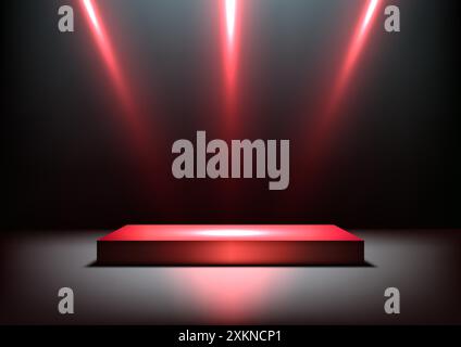 Red Award Podium mit roten Spots auf der dunklen Bühne, 3D Modern Entertainment Display und Mockup Stock Vektor