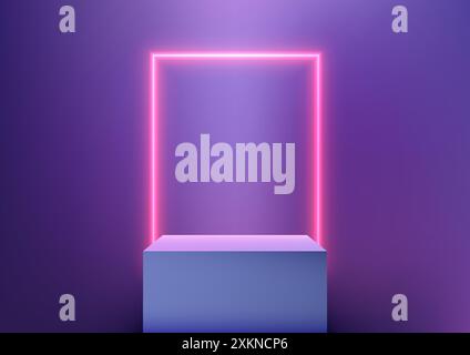 Modernes 3D Blue Cube Podium mit leuchtendem Neonlicht auf violettem Hintergrund, ideal für Technologieproduktpräsentationen und Präsentationen Stock Vektor