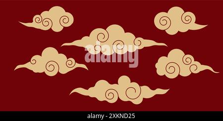 Japanisches Wolkenset, asiatisches traditionelles gewelltes Lockenschmuck. China-Ornament, östliche Deko-Kritzelei, Linie. Wolken fließen mit dem Wind am Himmel. Vektorabbildung Stock Vektor