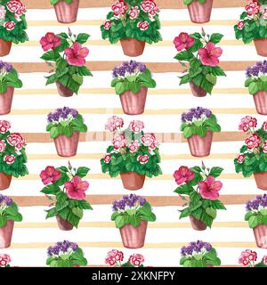 Aquarellmuster. Helle Innenblumen in Töpfen auf gestreiftem Hintergrund. Hibiskus, Geranie, Violett handgemalt in Aquarell. Stockfoto