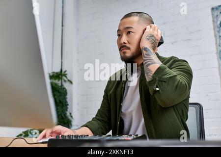 Ein junger, gutaussehender asiatischer Mann in lässiger Kleidung arbeitet in einem Studio mit Computer und Musikausrüstung. Stockfoto