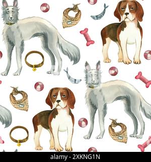 Hunde verschiedener Rassen, Haustiere mit Ball, Halsband, Knochen und Leine, die in Aquarellfarben handgezeichnet sind. Nahtloses Aquarellmuster. Geeignet zum Drucken Stockfoto