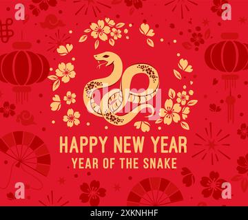 Happy chinese New Year 2025 Zodiac Zeichen, von der Schlange, rot und Gold Papier geschliffenen Ochsencharakter, Blumen und asiatische Elemente mit Handwerksstil auf Hintergrund, Stock Vektor