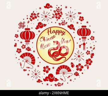 Happy chinese New Year 2025 Zodiac Zeichen, von der Schlange, rot und Gold Papier geschliffenen Ochsencharakter, Blumen und asiatische Elemente mit Handwerksstil auf Hintergrund, Stock Vektor
