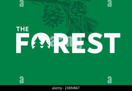 The Forest, kreatives Reisedesign mit Logo. Branding-Konzept für Tourismus oder Expedition für Wald- oder Landschaftsparkabenteuer in die Alpen oder Kordillera Stock Vektor