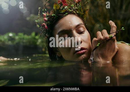 Eine Frau mit einer Blumenkrone ruht in einem Sumpf, ihre Augen geschlossen in der Nachsicht. Stockfoto