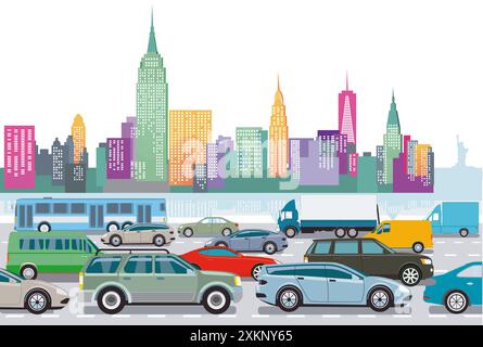 Stadtsilhouette einer Großstadt mit Verkehr, Illustration Stockfoto