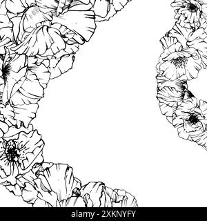 Hand gezeichnete Vektor-Grafik botanische Illustration Blumen Blätter. Roter Mohn Papaver, Stiele Knospen Samenkörner. Rahmen isoliert auf weißem Hintergrund Stock Vektor