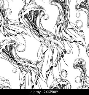 Eine Quallenherde schwimmt im Fluss. Marine Illustration der Unterwasserwelt, grafisch in schwarzer Tinte gezeichnet. Nahtloses Vektormuster in EPS Stock Vektor