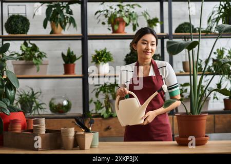 Eine Frau auf einer Schürze bewässert eine Pflanze in ihrem Pflanzenladen, umgeben von verschiedenen Grünflächen. Stockfoto