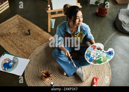 Denim-bekleidete asiatische Frau im Studio mit Farbpalette blickt nachdenklich weg von der Kamera, während sie auf dem Teppich sitzt. Stockfoto