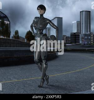 Ein weiblicher androide läuft auf einer Straße vor einem futuristischen Stadtbild. Sie trägt einen Helm unter ihrem rechten Arm. Stockfoto