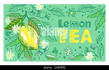 Vektor Hand gezeichnete Illustration von Zweigen Zitronenbaum mit Früchten, Blättern und Blumen. Skizze mit hellreifen Zitrusfrüchten für das Verpackungsdesign Stock Vektor