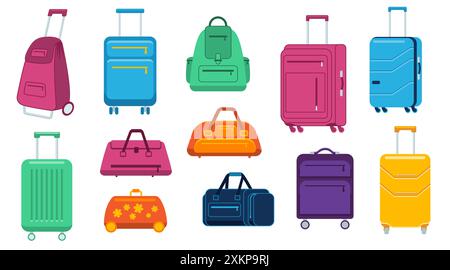 Plastik, Metallkoffer, Taschen für Gepäck. Reisekoffer mit Rädern, Reisetasche, Business-Koffer, Reisegepäck Stock Vektor