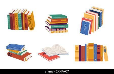 Stapel Bücher zum Lesen, Stapel Lehrbücher für den Unterricht, Bücherreihe, offenes Buch Stock Vektor