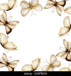 Rahmen, Vorlage mit Boho-Schmetterlingen. Aquarell Hand gezeichnet beige Insekten Clipart isoliert auf Hintergrund. Botanische Illustration und Hochzeit. Für Stockfoto