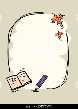 Einfacher Vektorrahmen für Schuldesign. Handgezeichnete Illustration von Herbstblättern, Notizbuch, Bleistift. Vorlage für Banner Stock Vektor