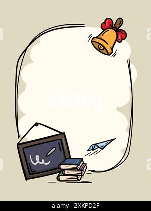 Einfache Schulabbildung mit Büchern, Glocke, Papierflugzeug und Schulbrett. Herbstrahmen für Text. Vorlage für Banner Stock Vektor