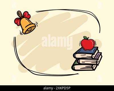 Herbstillustration mit Schulmaterial, Büchern, Glocke und Apfel. Einfacher Vektorrahmen für Text. Vorlage für Posts Stock Vektor