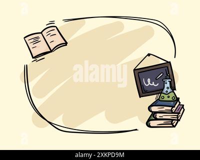 Illustration der Schulmaterialien mit Büchern, Notizbuch, Schultafel und Chemikalienkolben. Einfacher Vektorrahmen für Text Stock Vektor