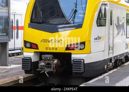 Zug von Arverio im Hauptbahnhof. Arverio ist eine Tochter der ÖBB, zum Jahresbeginn hat sie das Bahn-Unternehmen Go-Ahead Baden-Württemberg übernommen. // 23.07.2024: Stuttgart, Baden-Württemberg, Deutschland, *** Arverio Zug am Hauptbahnhof Arverio ist eine Tochtergesellschaft der ÖBB, zu Beginn des Jahres übernahm sie die Eisenbahngesellschaft Go ahead Baden Württemberg 23 07 2024 Stuttgart, Baden Württemberg, Deutschland, Stockfoto