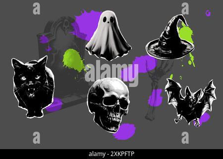 Halbton-Set Collage-Elemente für Halloween, geschnittenes Papier. Darstellung des Trendvektors. Stock Vektor