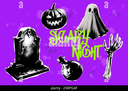 Halftone Halloween Elements Collage Set, Schnittpapier, gruselige Nacht. Darstellung des Trendvektors. Stock Vektor