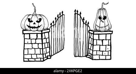 Vektor altes verlassenes Friedhofstor mit halloween gruseligen Kürbissen mit schwarzen Augen. Handgemalte Linearzaun-Illustration. Grabstein in Schwarzweiß-Grafik Stock Vektor