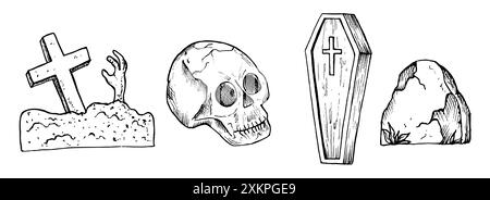 Menschlicher Schädel mit schwarzen Augen. Vektor-Zombie-Arme ragen aus dem Boden, Grabstein auf einem Friedhof. Handgemalter linearer Holzsarg mit Kreuz Stock Vektor