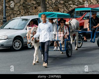 Mijas, Málaga, Spanien - 9. Juni 2024: Eseltaxis mit chinesischen Touristen in kleinen Kutschen im Stadtzentrum. Stockfoto