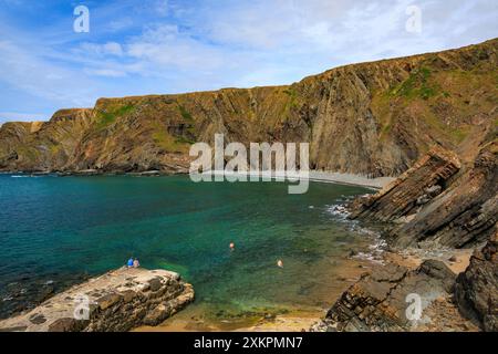 Schwimmer in der Bucht unter den dramatischen, gefalteten Gesteinsschichten aus Schlamm- und Sandsteinen am Hartland Quay auf dem SW Coast Footpath in Devon, England, Großbritannien Stockfoto