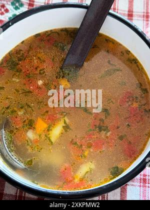 Hausgemachte Gemüsesuppe mit frischen Kräutern in einer rustikalen weißen Schüssel auf einer karierten Tischdecke. Ungarische Küche. Stockfoto
