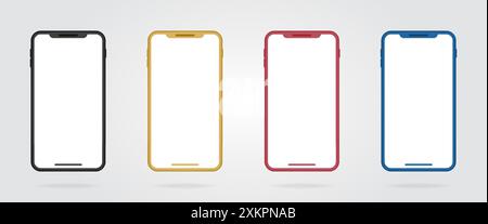 Realistische farbige Smartphone-Rahmen. Schwarzes, goldenes, rotes und blaues Mockup-Mobiltelefon. Farbhandys. Vektor Stock Vektor
