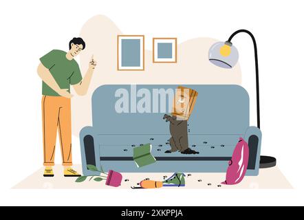 Schlechtes Verhalten des Hundes. Der schlammige, freche Hund sitzt auf dem dreckigen Sofa vor dem verärgerten Besitzer. Beschädigtes Haus und Hauspflanzen. Verhaltensprobleme bei Haustieren und Stock Vektor