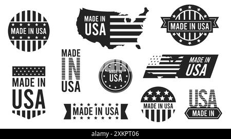 „Made in USA“-Etiketten. Aufkleberdesign in Schwarz-weiß Made in USA. Amerikanische Produkte und patriotische Symbole. Emblem in United State-Qualität mit Sternenstreifen Stock Vektor