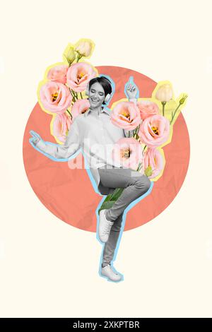 Composite Collage Bild von lustigen tanzenden weiblichen Blumen haben Spaß Musik Kopfhörer ungewöhnliche Fantasy Reklametafeln Comics Zine Stockfoto