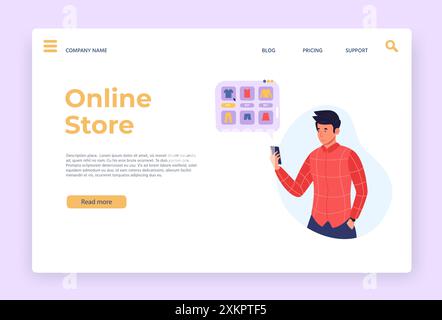 Landing-Page für Online-Shopping. Website-Design für Internet-Shopping mit Smartphone-App, moderner Online-Shop-benutzeroberfläche. Vektorvorlage für E-Commerce-Website Stock Vektor