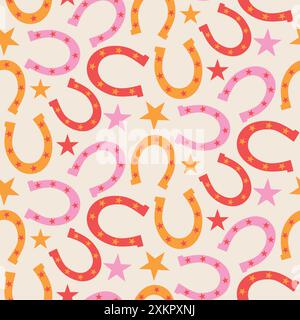 Nahtloses Retro-Hufeisen-Muster in Orange, Rot und Pink mit Sternen. Für Tapeten, Stoff und Textilien Stock Vektor