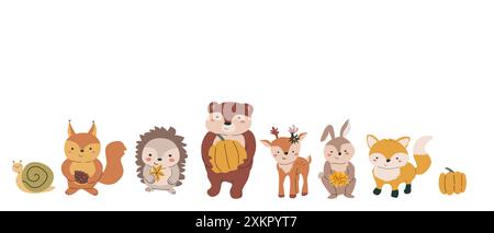 Herbsttiere bündeln sich mit Blättern und anderen saisonalen Gegenständen und Kleidung, Dingen. Waldtiere für Kinder mit Clipart-Elementen für die Ernte. Handgezeichnet Stock Vektor