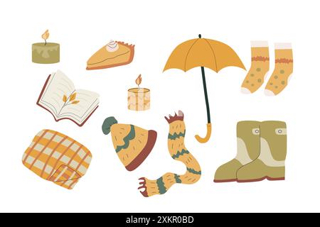 Ernteelemente im Herbst, Aufkleber mit verschiedenen Blättern, Tassen, Pilzen. Gemütliche Cliparts und Kleidung für Scrapbooking, Druck, Poster. Stock Vektor