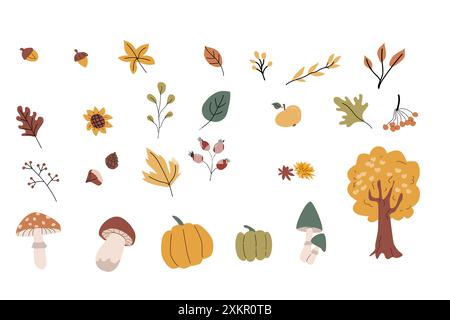 Ernteelemente im Herbst, Aufkleber mit verschiedenen Blättern, Tassen, Pilzen. Gemütliche Cliparts und Kleidung für Scrapbooking, Druck, Poster. Stock Vektor