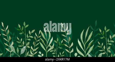 Nahtlose Aquarellgrenze mit grünen Pflanzen auf dunkelgrünem Hintergrund. Stockfoto