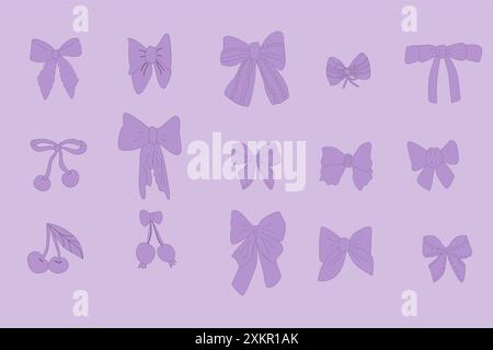 Vektor-Illustration von mädchenhaften Vintage-Bögen und Kirsche. Schleife für flache Haardekoration. Isolierte Elemente. Kokettästhetisches Zubehör. Stock Vektor