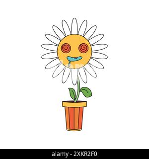 Grooviger Gänseblümchencharakter im Topf mit psychedelischem Whirlpool in Augen Vektor-Illustration Stock Vektor