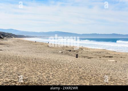 Menschen laufen an einem teilweise bewölkten Herbstmorgen an einem wilden, großen Strand, der von Sanddünen gesäumt ist Stockfoto